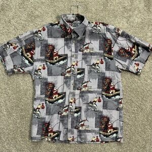 Reel Legends Button Down Shirt Mens Medium Gray Christmas Santa Fishing Print